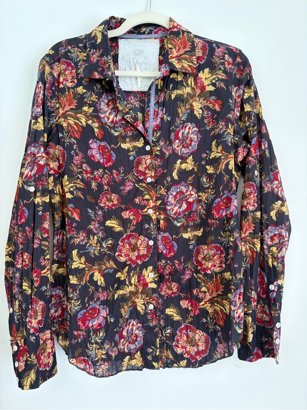 Cino Floral Crinkle Cotton Button Down Shirt Blouse women’s Large.